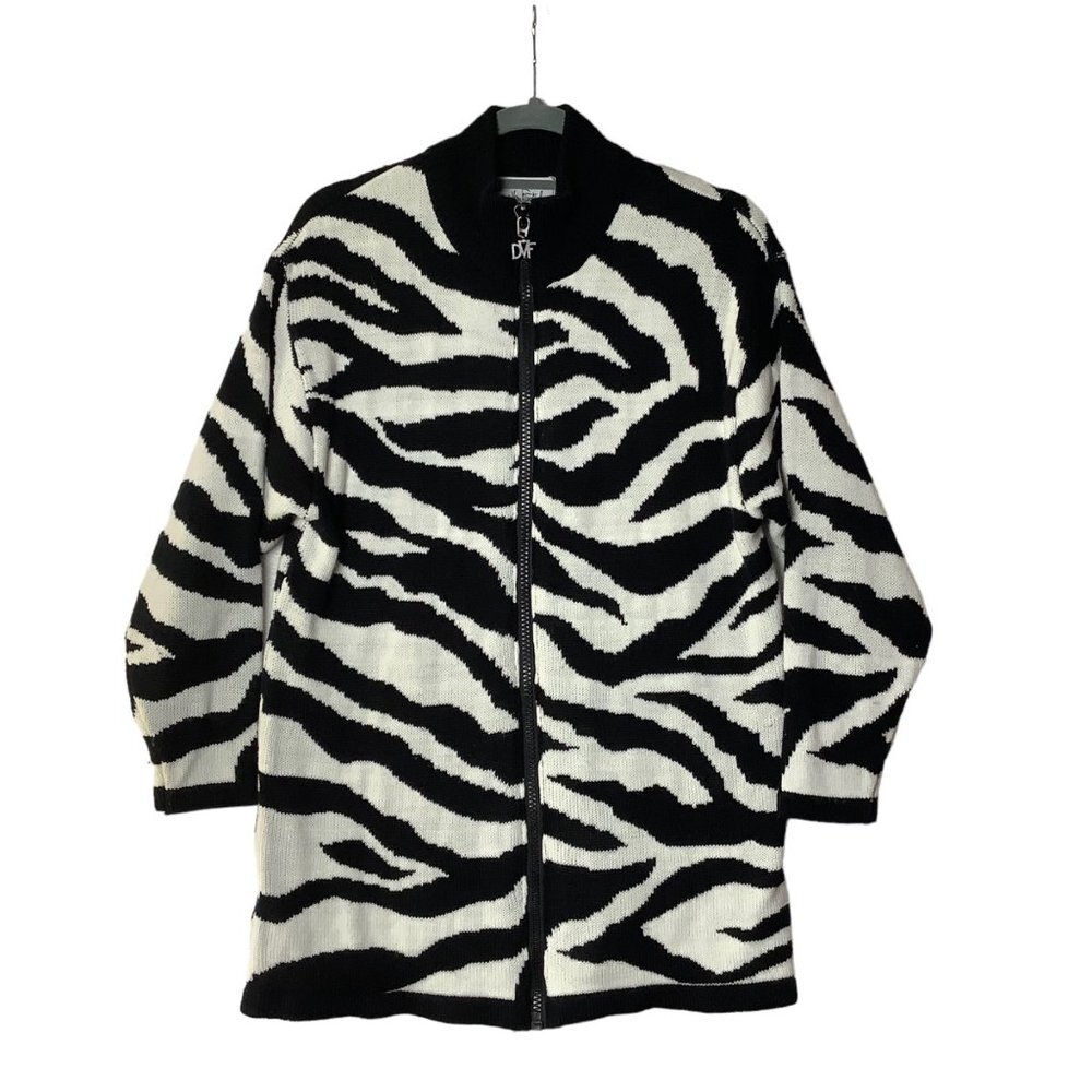 Vtg Diane Von Furstenburg Sweater Women Sz Small Zebra Print Oversized Front Zip